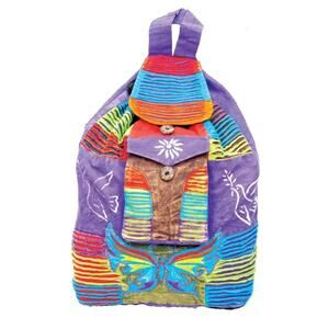 NWT Multicolored Butterfly Backpack Cotton Boho Drawstring Front button Pocket